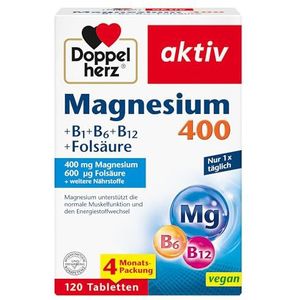 Doppelherz Magnesium 400 + B1 + B6 + B12 + foliumzuur – magnesium ondersteunt de normale spierfunctie en het energiemetabolisme – 120 veganistische tabletten