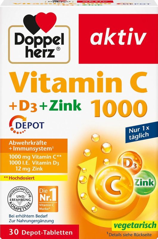 Doppelherz - Vitamine C 1000 + D3 + Zink - Voedingssupplement - 30 DEPOT-tabletten