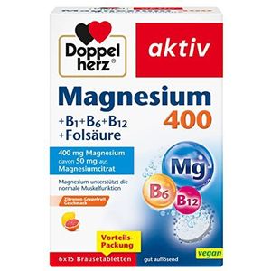 Doppelherz Magnesium 400 + B1 + B6 + B12 + foliumzuur – magnesium als bijdrage aan de normale spierfunctie – 6 x 15 bruistabletten (voordeelverpakking)
