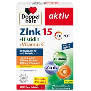 Doppelherz Zink 15 + Histidine + Vitamine C - met 15 mg zink als bijdrage aan de normale werking van het immuunsysteem en voor het behoud van de normale huid - 100 veganistische depottabletten
