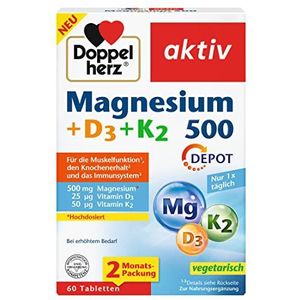 Dubbel hart magnesium 500 + D3 + K2 Depot - 3-pack (3 x 60 tabletten)