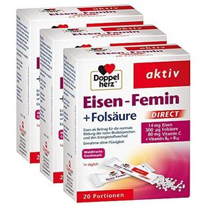 Doppelherz Ijzer Femin Direct met vitamine C + B6 + B12 + foliumzuur – 14 mg ijzer voor de normale vorming van rode bloedcellen – 3 x 20 porties micropellets