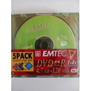 Emtec 5 er Pack DVD+R 4.7GB 120Min 1-4x Rainbow color Slim Case