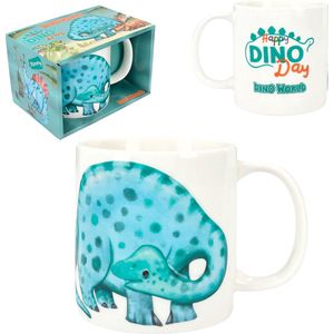 Depesche 12600 Dino World - Beker in wit met dinosaurusprint, porseleinen drinkbeker met handvat, inhoud ca. 250 ml