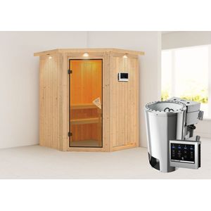 Karibu | Minja Sauna met Dakkraag | Bronzeglas Deur | Biokachel 3,6 kW Externe Bediening