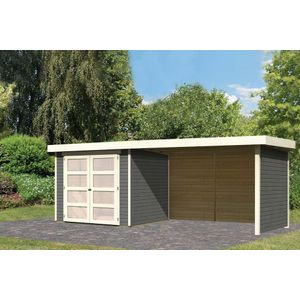 Karibu | Tuinhuis Mühlendorf 3 met Overkapping 2,8, Zij- en Achterwand | Terragrijs