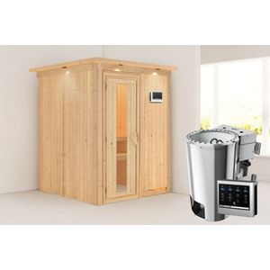 Karibu | Minja Sauna met Dakkraag | Energiesparende Deur | Biokachel 3,6 kW Externe Bediening