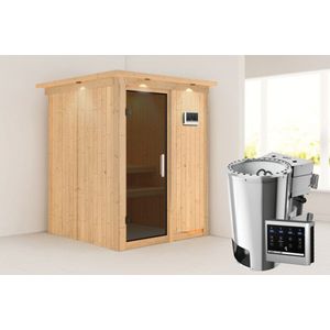 Karibu | Minja Sauna met Dakkraag | Antracietglas | Biokachel 3,6 kW Externe Bediening