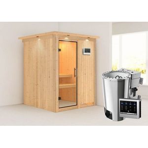 Karibu | Minja Sauna met Dakkraag | Helderglas Deur | Biokachel 3,6 kW Externe Bediening