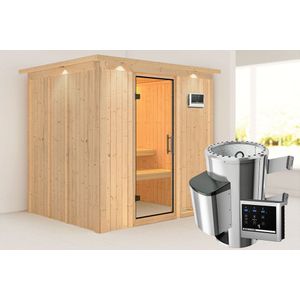 Karibu | Daria Sauna met Dakkraag | Helderglas Deur | Biokachel 3,6 kW Externe Bediening