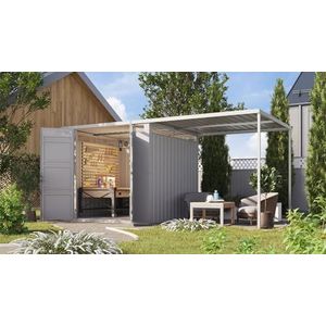 Chillroi® Karibu Superline Tuinhuis, metaal, incl. vloer optioneel met aanbouwdak, gereedschapsschuur, garage, tuinprieel (stofgrijs met aanbouwdak)