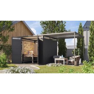 Chillroi® Karibu Superline Tuinhuis, metaal, incl. vloer optioneel met aanbouwdak, gereedschapsschuur, garage, tuinprieel (antraciet met aanbouwdak)