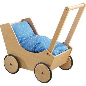 Haba - Poppenwagen - Blank - Blauw Beddengoed