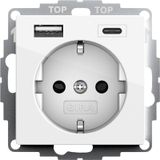 Gira 245903 Schuko-stopcontact, USB-poort, shutter, aanraakbeveiliging, 2-voudig, type A (max.2,4A) type C (max.3A) systeem 55 zuiver wit glanzend, UP geaard stopcontact, wandcontactdoos, smartphone