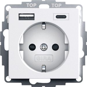 Gira 245927 Schuko-stopcontact, USB-poort, shutter, aanraakbeveiliging, 2-voudig, type A (max.2,4A) type C (max.3A) systeem 55, zuiver wit, mat, inbouw, geaard stopcontact, wandcontactdoos, smartphone