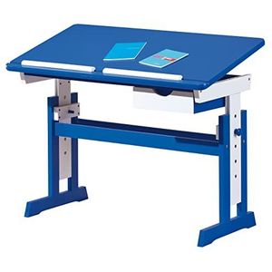 In hoogte verstelbaar bureau met kantelbaar bureaublad, wit met blauw, massief grenen en MDF