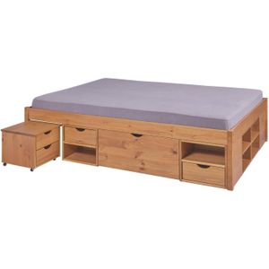 Inter Link - Functioneel bed - bed met laden - tweepersoonsbed 180 x 200 cm - 2 grote en 4 kleine laden - nachtkastje - massief grenen - incl. lattenbodem - bruin gelakt - Till