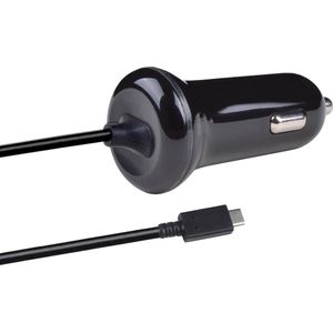 2GO Autolader voor USB TYPE C 3A zwart met vaste kabel, Auto-adapter, Zwart