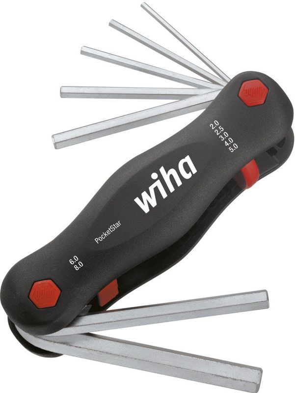 Wiha - Multitool PocketStar® Innen-Sechskant 7-tlg., per Tastendruck schneller Zugriff, als Längs- und Quergriff einsetzbar, Stiftschlüssel sicher
