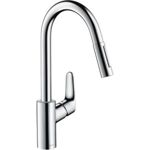 hansgrohe Focus M41 - Keukenkraan met uittrekbare vuistdouche, 2 jets, Keukenmengkraan met uitloop hoogte 240 mm, Spoelbakkraan draaibaar, chroom