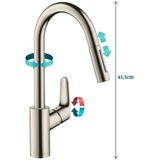 hansgrohe Focus M41 ééngreeps keukenmengkraan 240 met uittrekbare vuistdouche, 2 straalsoorten rvs-look