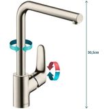 hansgrohe Focus Keukenkraan (kraan keuken zonder slangbox, 360° draaibaar, hoge uitloop 280mm) roestvrijstalen afwerking