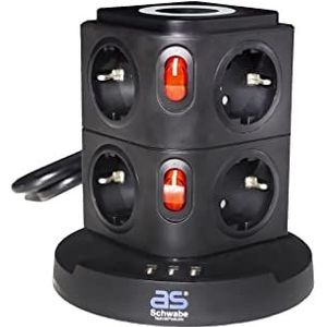 as - Schwabe Stopcontactower 8-voudig, 230V/16A, QI-draadloos laadstation 5W voor alle inductiecompatibele mobiele telefoons, 3 USB-A-poorten 5V/2,4A, perfect voor het bureau, 2 m kabel, zwart, 18221