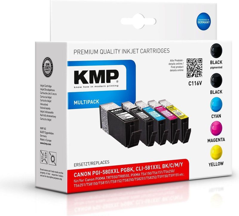 KMP Inktcartridge vervangt Canon PGI-580PGBK XXL, CLI-581BK XXL, CLI-581C XXL, CLI-581M XXL, CLI-581Y XXL Compatibel Combipack Zwart, Foto zwart, Cyaan,