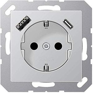 Jung A1520-15CAAL SCHUKO-stopcontact met USB type AC (max. 3A) met verhoogde aanraakbeveiliging (thermoplast onbreekbaar) aluminium serie A