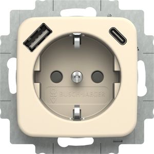 ABB Busch-Jaeger stopcontact met randaarde met 2xUSB 2.4A (USB A+C) en kinderbeveiliging - Duro 2000 SI crème (2CKA002011A6295) - wandcontactdoos