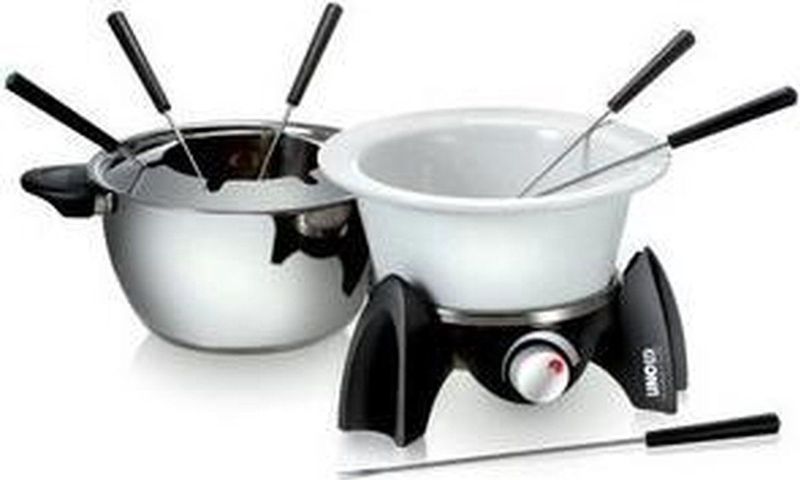 UNOLD 48615 Fondue-Set - Elektro Fondue, Wechseltopf (Edelstahl/Keramik), Fleischfondue/Asiatisch, Schokofondue, Käsefondue, Kochplatte, mit Zubehör, für 6 Personen, Schwarz/Silber
