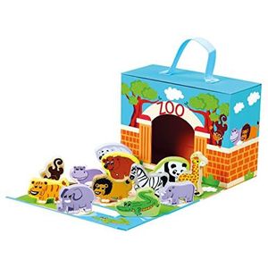 Mertens ZOO in reiskoffer, speelgoed voor kinderen vanaf 1,5 jaar (houten speelgoed met 12 grappige, exotische dierfiguren, 13-delig motoriespeelgoed vanaf 18 maanden, inclusief koffer), meerkleurig
