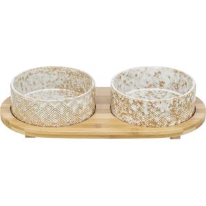 Trixie - Voerbak/Waterbak - Set - Keramiek/Bamboe - Wit/Natuur - 2X300 ML