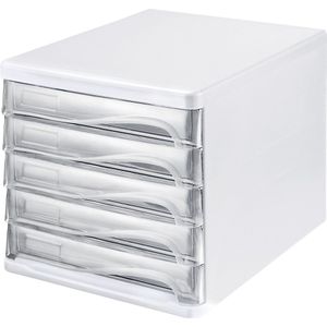 Schubladenbox helit, 5 Schübe, DIN A4, B 265 x H 250 x T 340 mm, Polypropylen, Gehäuse weiß/Schublade glasklar