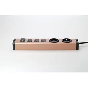 BODO Design Auminium stekkerdoos, 2-voudig + 3 USB (metallic koper), voor het opladen van smartphone, tablet enz. met 1,5 m voedingskabel