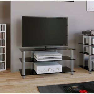 Netasa TV-meubels met 3 glazen legplanken, Zilverkleurig, zwart glas.