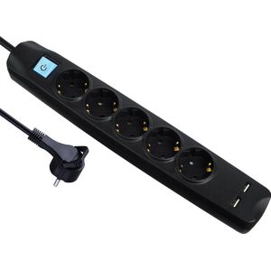 MaxTrack stekkerdoos met 5 contacten en 2x USB / zwart - 3 meter