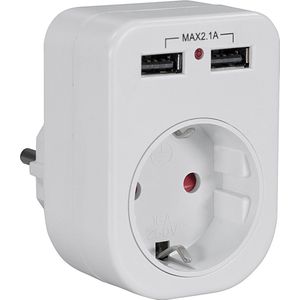 Doorvoerstekker met USB lader - 1 contact + 2 USB-A poorten - compact - 2,1A / wit