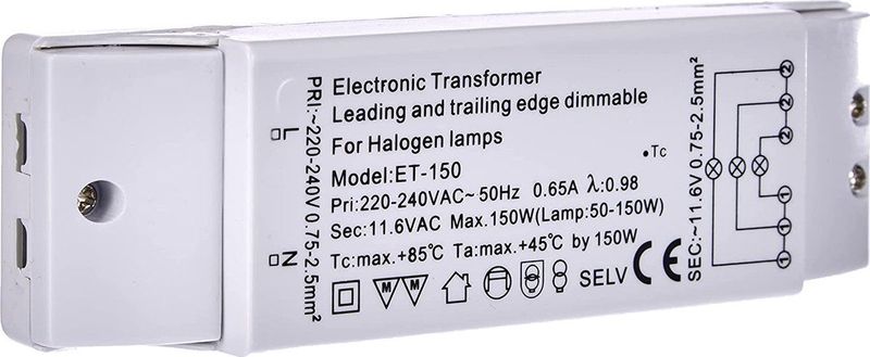 Elektronische halogeentrafo 12 Volt - 150 Watt.
