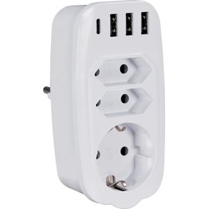 Doorvoerstekker met USB Lader - 3 Contacten + 4 USB-A/USB-C Poorten - 3,1A / Wit