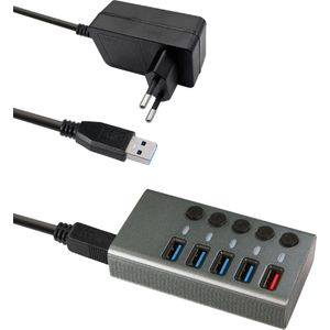 USB-A Hub - 4x USB-A - Hub - Grijs - 1x USB Oplaadpoort - 12V - 2,4A - USB 3.2 Gen 1 - 1 Meter