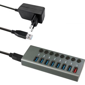 USB-A Hub - 7x USB-A - Hub - Grijs - 1x USB Oplaadpoort - 12V - 2,4A - USB 3.2 Gen 1 - 1 Meter