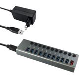 USB-A Hub - 10x USB-A - 1x Oplaadpoort - 12V - 2,4A - Grijs