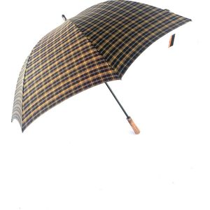 Pierre Cardin golf paraplu met ruiten blauw bruin en recht eisdoorn handvat