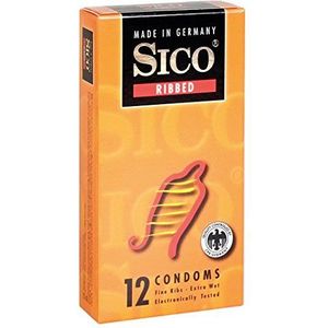 SICO Geribbelde condooms, met fijne groeven voor het gevoel van de vrouw, natuurlijk rubberlatex, afzonderlijk verpakt in een doos, 12 stuks, Made in Germany
