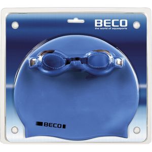 BECO zwembril setje, zwembril Barcelona met badmuts blauw/grijs