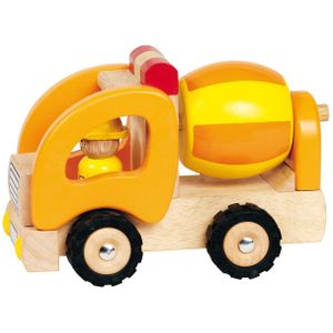 goki 55926 - betonmixer van massief hout, figuur, robuust bouwplaatsvoertuig met rubberen banden, geel, draaibare mixer, kinderspeelgoed vanaf 2 jaar