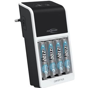 ANSMANN Comfort Plus - Caricatore + 4 batterie ANSMANN AA da 2100 mAh, compatibile con 1-4 batterie NiMH Micro AAA/Mignon AA o 1-2 AAA/AA e un E-Block NiMH da 9 V