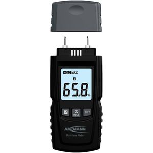 ANSMANN Vochtmeter met groot lcd-display, eenvoudige keuze uit 4 houten groepen of 4 bouwmaterialen. De vochtmeter maakt professionele meting van vocht in hout en bouwmaterialen mogelijk