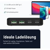 ANSMANN Caricatore USB 65W a 4 Porte, caricatore rapido multiplo USB-C/USB-A per iPhone/Samsung/Google/Xiaomi/Huawei/Laptop e altri dispositivi